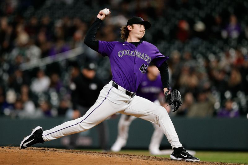 Apr 8, 2024; Denver, Colorado, USA; Colorado Rockies relief pitcher Nick Mears (46) in the ninth inning against the Arizona Diamondbacks at Coors Field. Mandatory Credit: Isaiah J. Downing-USA TODAY Sports