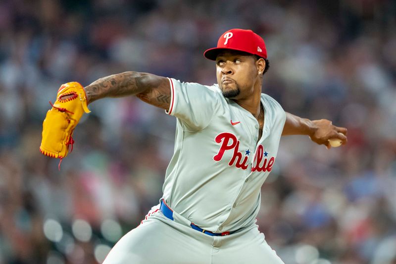 Jul 23, 2024; Minneapolis, Minnesota, USA; Philadelphia Phillies pitcher Gregory Soto (30) delivers a pitch against the Minnesota Twins in the eighth inning at Target Field. Mandatory Credit: Jesse Johnson-USA TODAY Sports