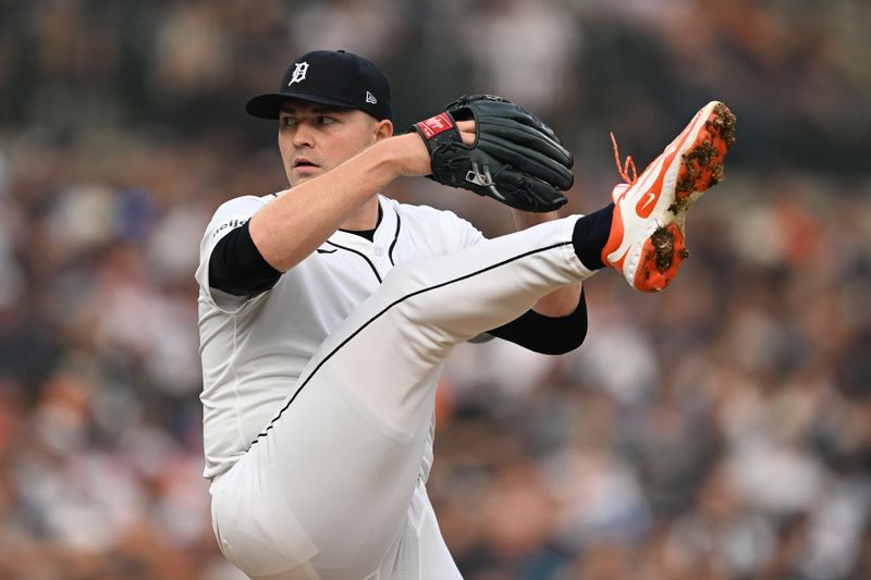 Jun 6, 2025; Detroit, Michigan, USA;  Detroit Tigers starting pitcher Tarik Skubal (29) throws a pitch against the Chicago Cubs in the third inning at Comerica Park. Mandatory Credit: Lon Horwedel-Imagn Images
