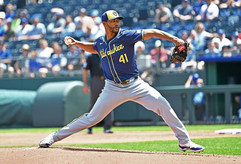 May 8, 2024; Kansas City, Missouri, USA;  Milwaukee Brewers starting pitcher Joe Ross (41) delivers a pitch in the first inning against the Kansas City Royals at Kauffman Stadium. Mandatory Credit: Peter Aiken-USA TODAY Sports