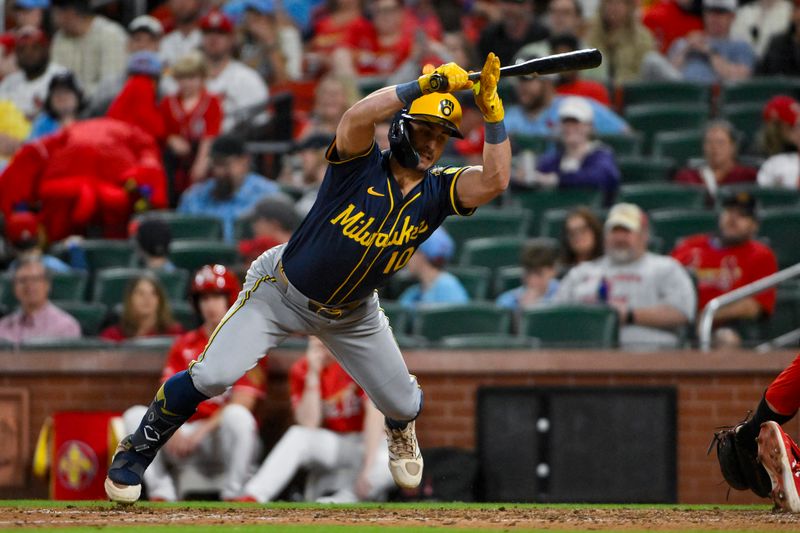 Apr 25, 2025; St. Louis, Missouri, USA;  Milwaukee Brewers right fielder Sal Frelick (10) falls to the ground as he avoids a pitch by St. Louis Cardinals relief pitcher Phil Maton (not pictured) during the eighth inning at Busch Stadium. Mandatory Credit: Jeff Curry-Imagn Images