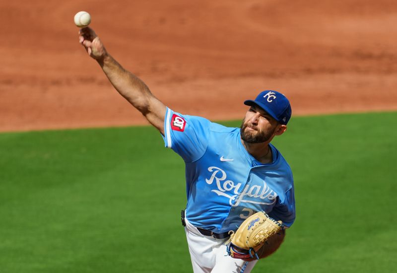 Sep 2, 2024; Kansas City, Missouri, USA; Kansas City Royals starting pitcher Michael Wacha (52) pitches during the third inning against the Cleveland Guardians at Kauffman Stadium. Mandatory Credit: Jay Biggerstaff-USA TODAY Sports