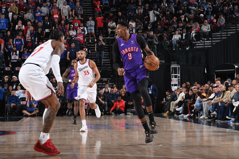 INGLEWOOD, CA - NOVEMBER 9: RJ Barrett #9 of the Toronto Raptors dribbles the ball during the game against the LA Clippers on November 9, 2024 at Intuit Dome in Los Angeles, California. NOTE TO USER: User expressly acknowledges and agrees that, by downloading and/or using this Photograph, user is consenting to the terms and conditions of the Getty Images License Agreement. Mandatory Copyright Notice: Copyright 2024 NBAE (Photo by Noah Graham/NBAE via Getty Images)