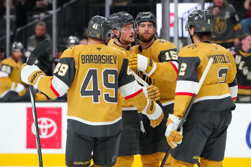 Jan 8, 2026; Las Vegas, Nevada, USA; Vegas Golden Knights center Jack Eichel (9) celebrates with team mates after scoring a goal against the Columbus Blue Jackets during the second period at T-Mobile Arena. Mandatory Credit: Stephen R. Sylvanie-Imagn Images