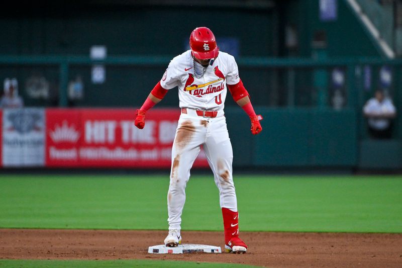 May 20, 2024; St. Louis, Missouri, USA;  St. Louis Cardinals shortstop Masyn Winn (0) reacts after hitting a one run double against the Baltimore Orioles during the fourth inning at Busch Stadium. Mandatory Credit: Jeff Curry-USA TODAY Sports