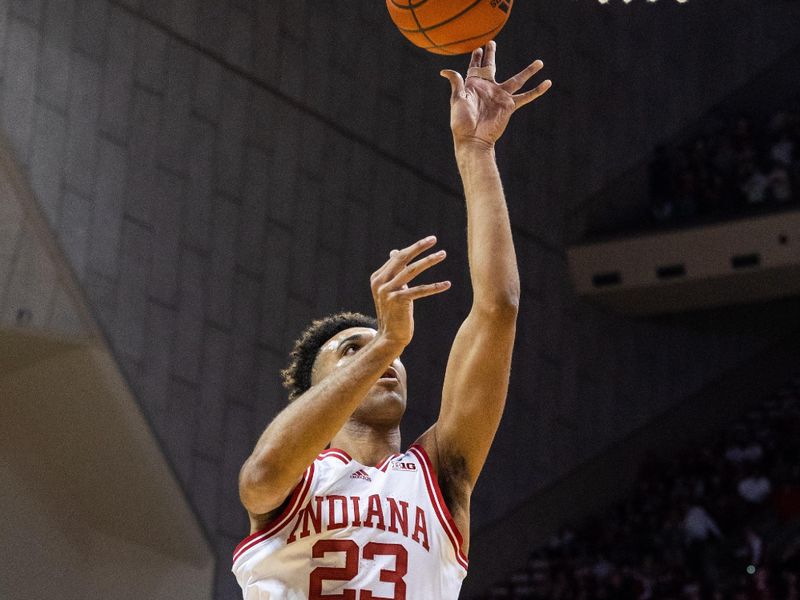 Feb 28, 2023; Bloomington, Indiana, USA; Indiana Hoosiers forward Trayce Jackson-Davis (23) shoots the ball  in the first half against the Iowa Hawkeyes at Simon Skjodt Assembly Hall. Mandatory Credit: Trevor Ruszkowski-USA TODAY Sports