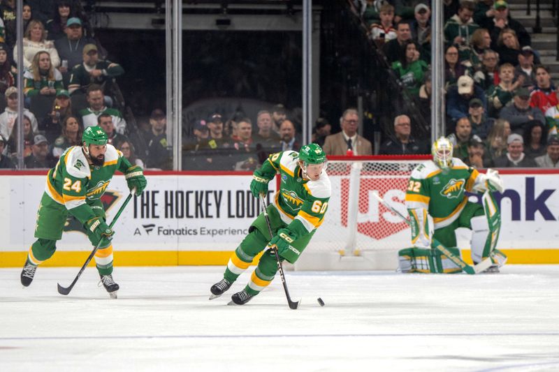 Nov 16, 2024; Saint Paul, Minnesota, USA; Minnesota Wild left wing Michael Milne (60) makes his NHL debut against the Dallas Stars in the first period at Xcel Energy Center. Mandatory Credit: Matt Blewett-Imagn Images