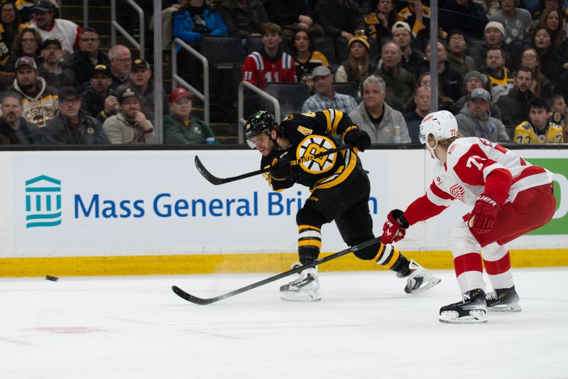 Jan 13, 2026; Boston, Massachusetts, USA; Boston Bruins right-winger David Pastrnak (88) shoots during the first period against the Detroit Red Wings at TD Garden. Mandatory Credit: Natalie Reid-Imagn Images