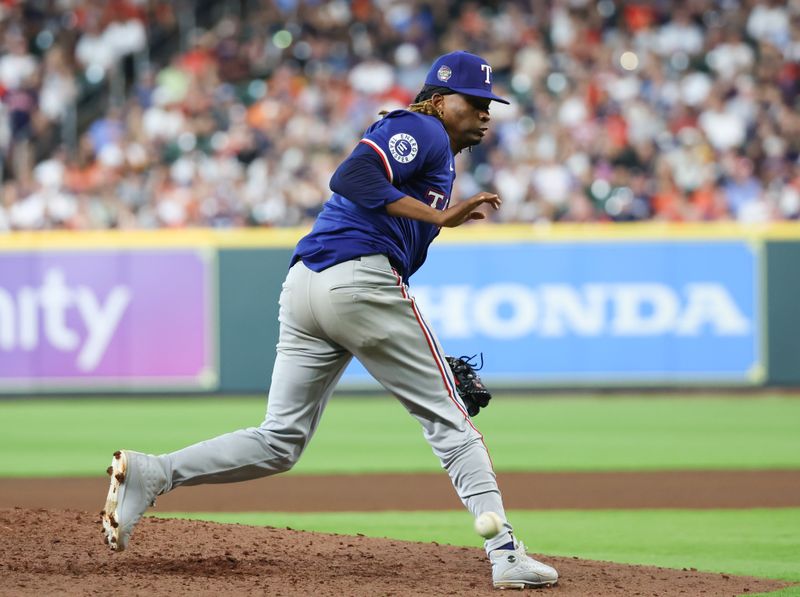 Apr 13, 2024; Houston, Texas, USA;  Texas Rangers pitcher Jose Urena (54) avoids getting hit by the ball against the Houston Astros in the sixth inning at Minute Maid Park. Mandatory Credit: Thomas Shea-USA TODAY Sports