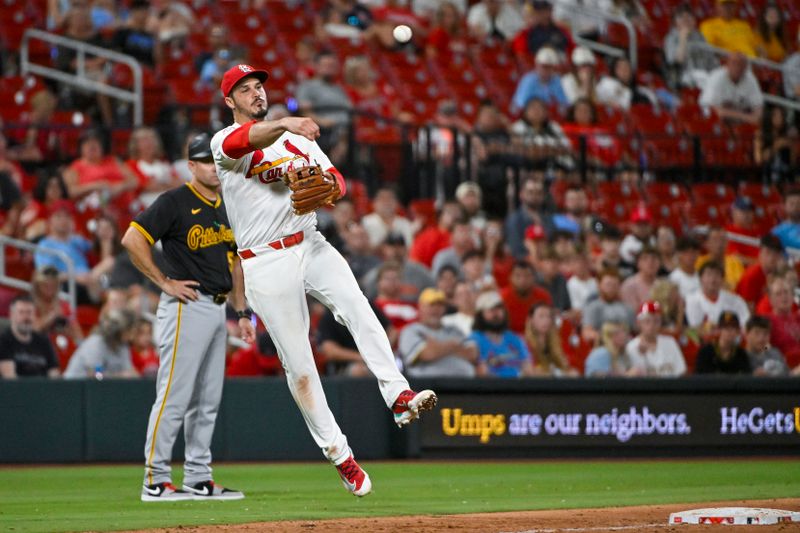 Jun 12, 2024; St. Louis, Missouri, USA;  St. Louis Cardinals third baseman Nolan Arenado (28) throws on the run against the Pittsburgh Pirates during the eighth inning at Busch Stadium. Mandatory Credit: Jeff Curry-USA TODAY Sports
