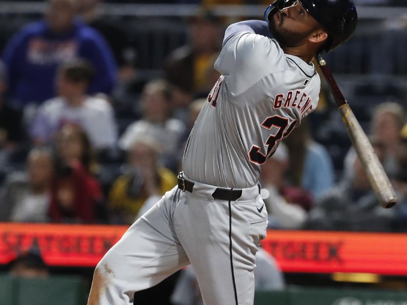 Apr 8, 2024; Pittsburgh, Pennsylvania, USA;  Detroit Tigers  left fielder Riley Greene (31) hits an RBI double against the Pittsburgh Pirates during the ninth inning at PNC Park. Pittsburgh won 7-4. Mandatory Credit: Charles LeClaire-USA TODAY Sports