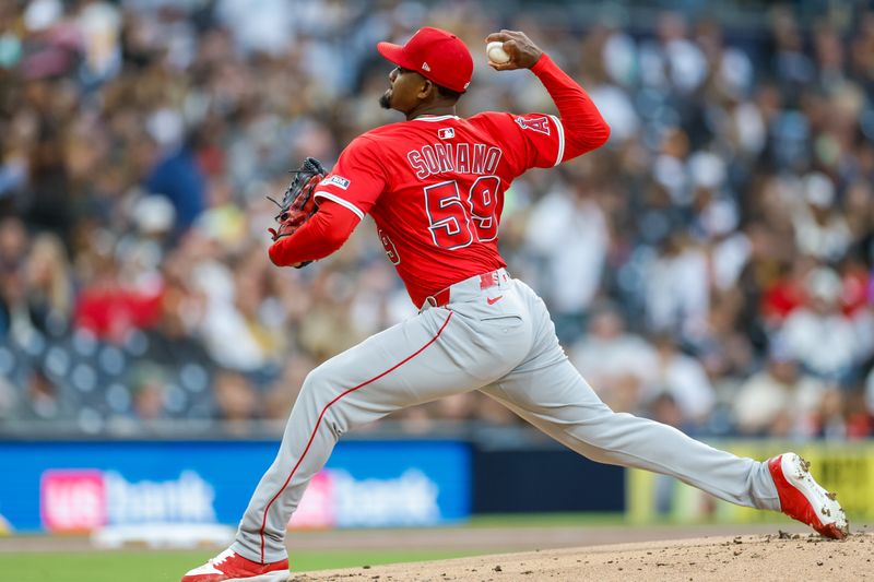 May 13, 2025; San Diego, California, USA; Los Angeles Angels starting pitcher Jose Soriano (59) throws a pitch during the first inning against the San Diego Padres at Petco Park. Mandatory Credit: David Frerker-Imagn Images