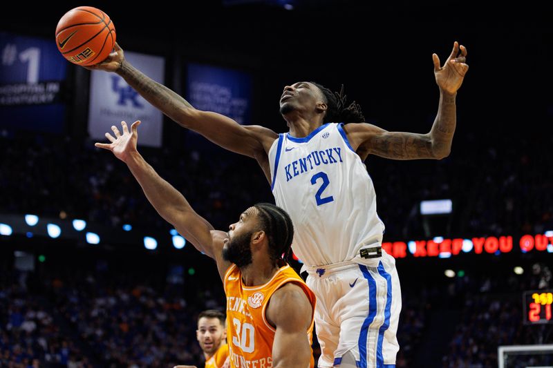 Feb 3, 2024; Lexington, Kentucky, USA; Kentucky Wildcats forward Aaron Bradshaw (2) reaches for a rebound during the second half against the Tennessee Volunteers at Rupp Arena at Central Bank Center. Mandatory Credit: Jordan Prather-USA TODAY Sports