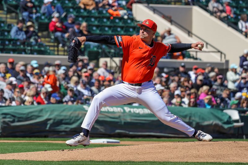 Feb 23, 2026; Lakeland, Florida, USA; Detroit Tigers pitcher Tarik Skubal (29) throws during the first inning against the Minnesota Twins at Publix Field at Joker Marchant Stadium. Mandatory Credit: Mike Watters-Imagn Images
