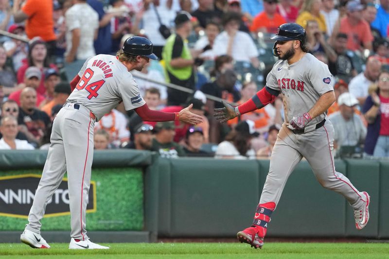 Aug 15, 2024; Baltimore, Maryland, USA; Boston Red Sox outfielder Wilyer Abreu (52) greeted by coach Kyle Hudson (84) following his fourth inning solo home run against the Baltimore Orioles at Oriole Park at Camden Yards. Mandatory Credit: Mitch Stringer-USA TODAY Sports