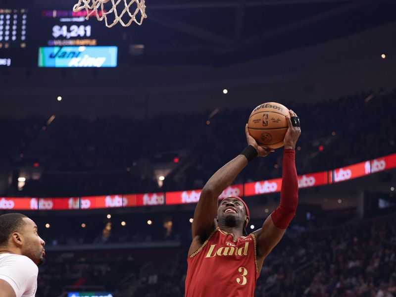 CLEVELAND, OH - JANUARY 29:  Caris LeVert #3 of the Cleveland Cavaliers goes to the basket during the game on January 29, 2024 at Rocket Mortgage FieldHouse in Cleveland, Ohio. NOTE TO USER: User expressly acknowledges and agrees that, by downloading and/or using this Photograph, user is consenting to the terms and conditions of the Getty Images License Agreement. Mandatory Copyright Notice: Copyright 2024 NBAE (Photo by  Lauren Leigh Bacho/NBAE via Getty Images)