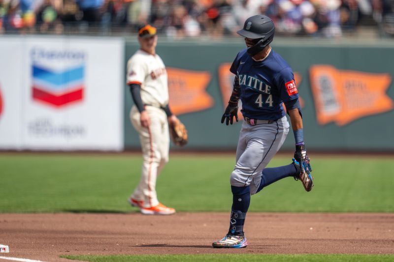 Apr 6, 2025; San Francisco, California, USA; Seattle Mariners center fielder Julio Rodríguez (44) celebrates rounding the bases after hitting.a solo home run against the San Francisco Giants during the first inning at Oracle Park. Mandatory Credit: Neville E. Guard-Imagn Images