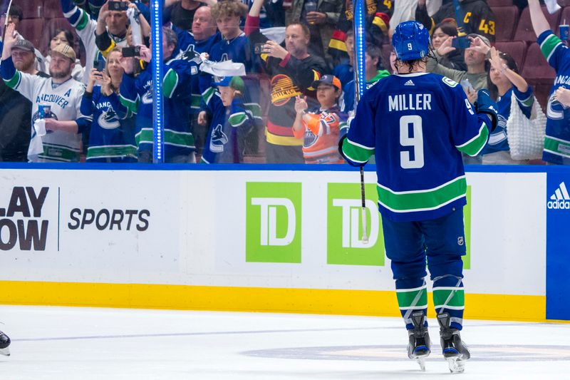 May 20, 2024; Vancouver, British Columbia, CAN; Vancouver Canucks forward J.T. Miller (9) waves to the crowd after the Edmonton Oilers win in game seven of the second round of the 2024 Stanley Cup Playoffs at Rogers Arena. Mandatory Credit: Bob Frid-USA TODAY Sports