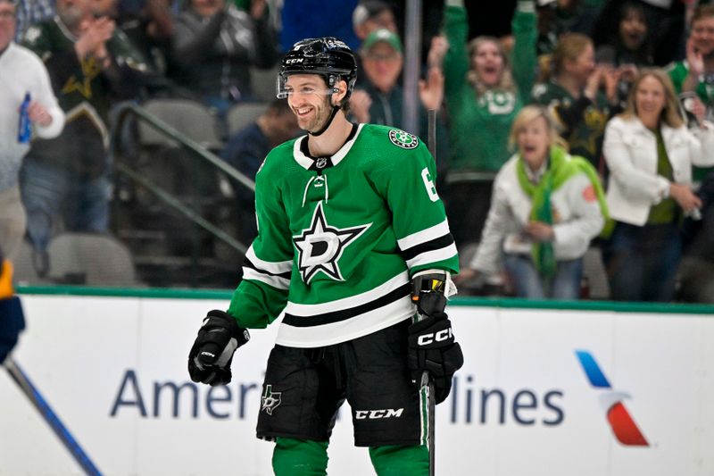 Apr 3, 2023; Dallas, Texas, USA; Dallas Stars defenseman Colin Miller (6) smiles after scoring a goal against the Nashville Predators during the second period at the American Airlines Center. Mandatory Credit: Jerome Miron-USA TODAY Sports