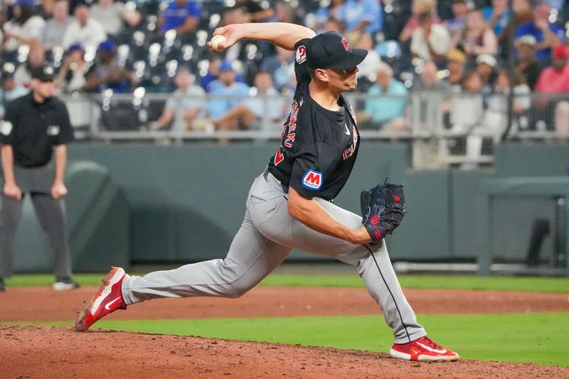 Sep 4, 2024; Kansas City, Missouri, USA; Cleveland Guardians pitcher Erik Sabrowski (62) delivers a pitch against the Kansas City Royals in the eighth inning at Kauffman Stadium. Mandatory Credit: Denny Medley-Imagn Images