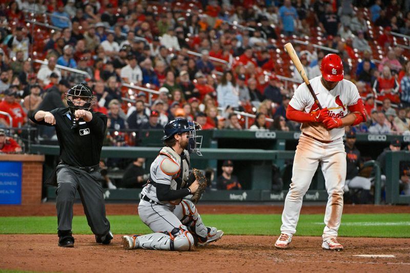 May 5, 2023; St. Louis, Missouri, USA;  St. Louis Cardinals designated hitter Willson Contreras (40) is called out on strikes by umpire Fieldin Culbreth (25) during the ninth inning against the Detroit Tigers at Busch Stadium. Mandatory Credit: Jeff Curry-USA TODAY Sports