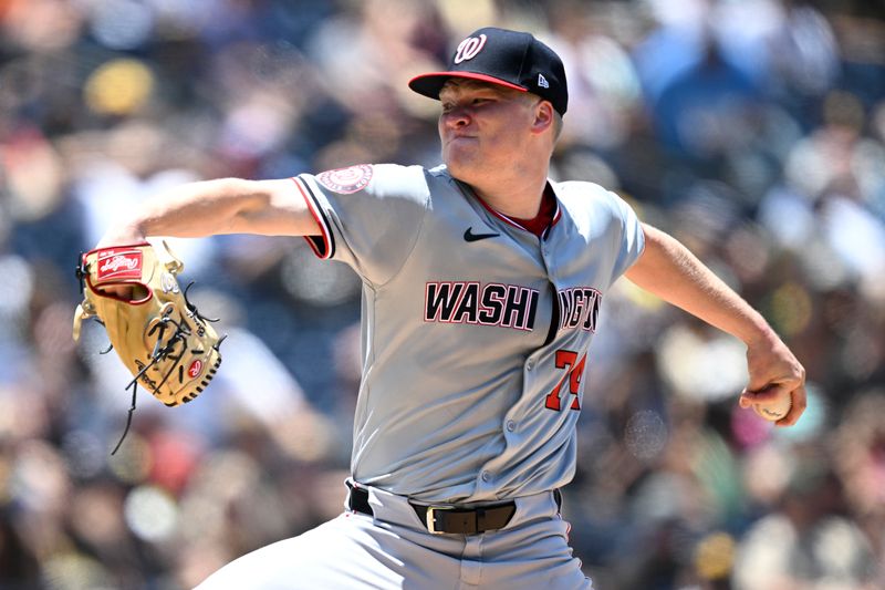 Jun 26, 2024; San Diego, California, USA; Washington Nationals starting pitcher DJ Herz (74) pitches against the San Diego Padres during the first inning at Petco Park. Mandatory Credit: Orlando Ramirez-USA TODAY Sports