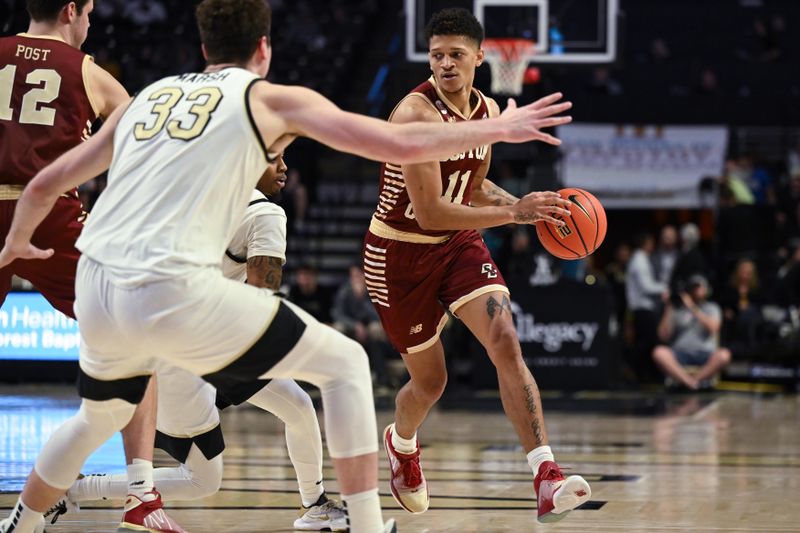 Feb 28, 2023; Winston-Salem, North Carolina, USA; Boston College Eagles guard Makai Ashton-Langford (11) dribbles upcourt during the second half at Lawrence Joel Veterans Memorial Coliseum. Mandatory Credit: William Howard-USA TODAY Sports