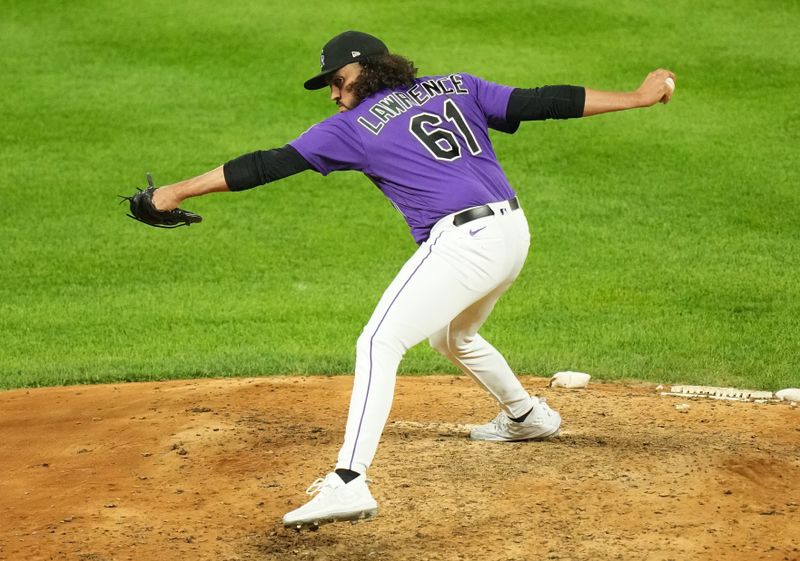 Aug 14, 2023; Denver, Colorado, USA; Colorado Rockies relief pitcher Justin Lawrence (61) delivers a pitch in the ninth inning against the Arizona Diamondbacks at Coors Field. Mandatory Credit: Ron Chenoy-USA TODAY Sports