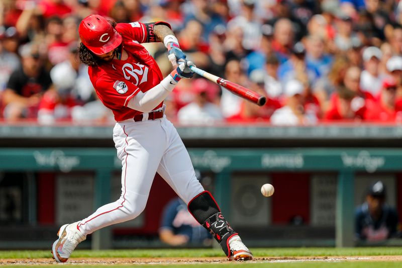 Jun 24, 2023; Cincinnati, Ohio, USA; Cincinnati Reds designated hitter Jonathan India (6) hits a single against the Atlanta Braves in the first inning at Great American Ball Park. Mandatory Credit: Katie Stratman-USA TODAY Sports