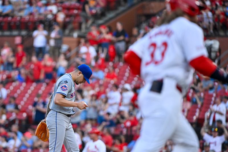 May 7, 2024; St. Louis, Missouri, USA;  New York Mets starting pitcher Jose Butto (70) looks on after giving up a solo home run to St. Louis Cardinals left fielder Brendan Donovan (33) during the first inning at Busch Stadium. Mandatory Credit: Jeff Curry-USA TODAY Sports