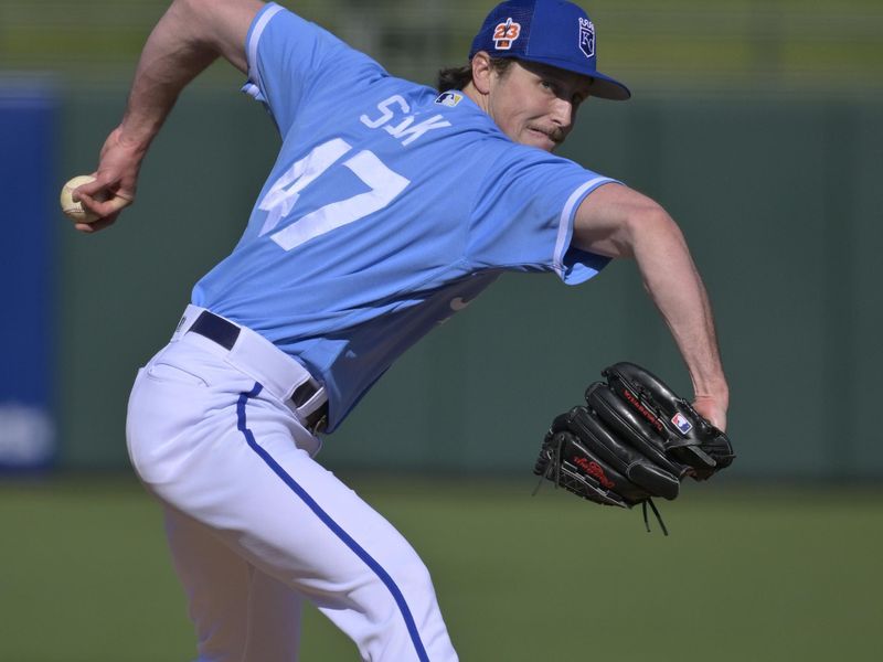 Feb 24, 2023; Surprise, Arizona, USA;  Kansas City Royals relief pitcher Evan SIsk (47) throws to the plate in the seventh inning of a spring training game against the Texas Rangers at Surprise Stadium in Surprise, AZ. Mandatory Credit: Jayne Kamin-Oncea-USA TODAY Sports