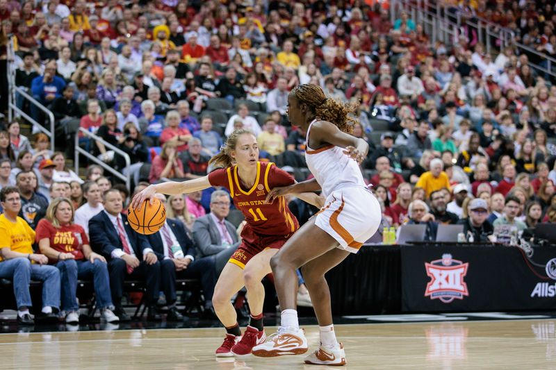 Mar 12, 2024; Kansas City, MO, USA; Iowa State Cyclones guard Emily Ryan (11) brings the ball up court around Texas Longhorns guard Shay Holle (10) during the first half at T-Mobile Center. Mandatory Credit: William Purnell-USA TODAY Sports