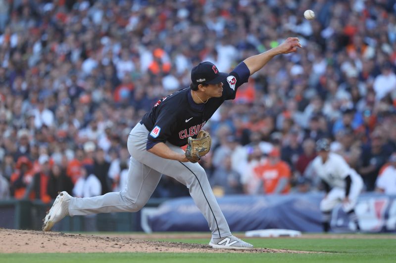 Oct 9, 2024; Detroit, Michigan, USA; Cleveland Guardians pitcher Joey Cantillo (54) throws in the eighth inning against the Detroit Tigers  in game three of the ALDS for the 2024 MLB Playoffs at Comerica Park. Mandatory Credit: David Reginek-Imagn Images