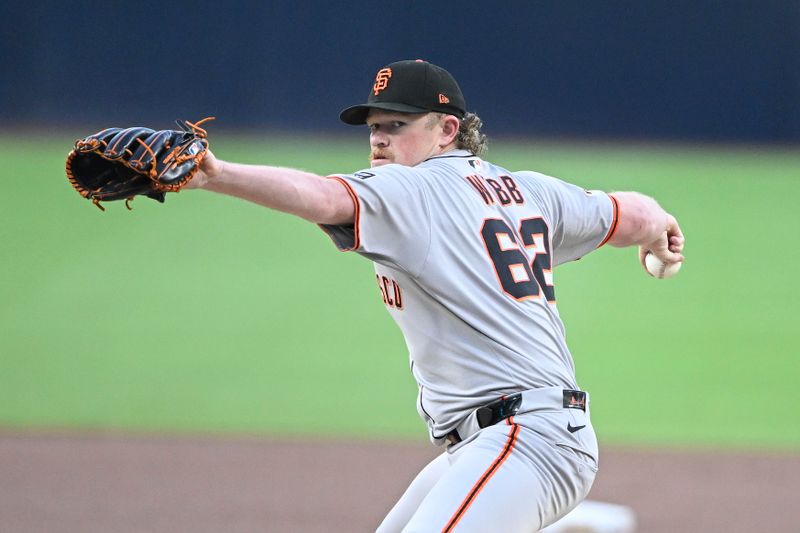 Apr 29, 2025; San Diego, California, USA; San Francisco Giants starting pitcher Logan Webb (62) delivers during the first inning against the San Diego Padres at Petco Park. Mandatory Credit: Denis Poroy-Imagn Images