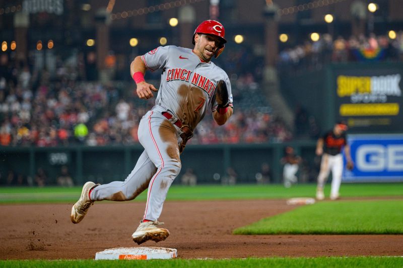 Jun 28, 2023; Baltimore, Maryland, USA; Cincinnati Reds first baseman Spencer Steer (7) rounds third base during the fourth inning against the Baltimore Orioles at Oriole Park at Camden Yards. Mandatory Credit: Reggie Hildred-USA TODAY Sports