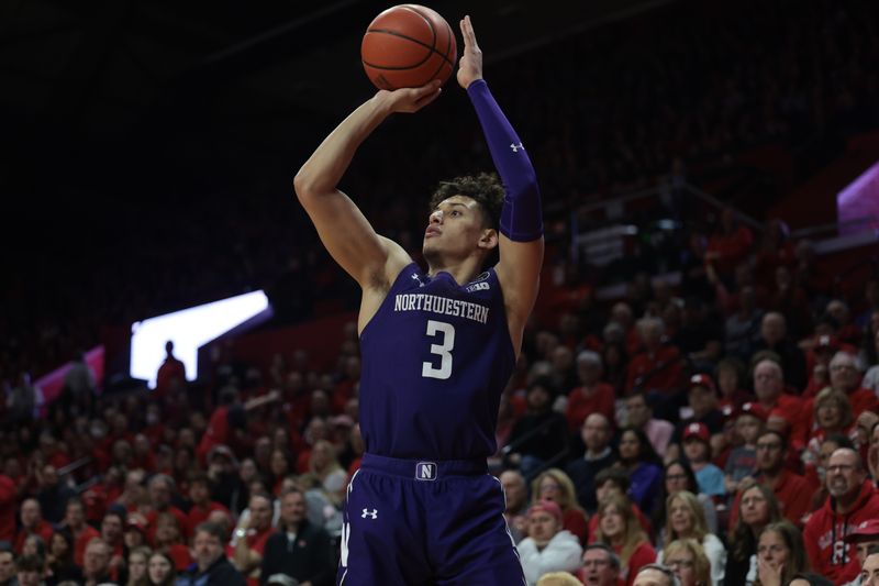 Mar 5, 2023; Piscataway, New Jersey, USA; Northwestern Wildcats guard Ty Berry (3) shoots the ball against the Rutgers Scarlet Knights during the first half at Jersey Mike's Arena. Mandatory Credit: Vincent Carchietta-USA TODAY Sports