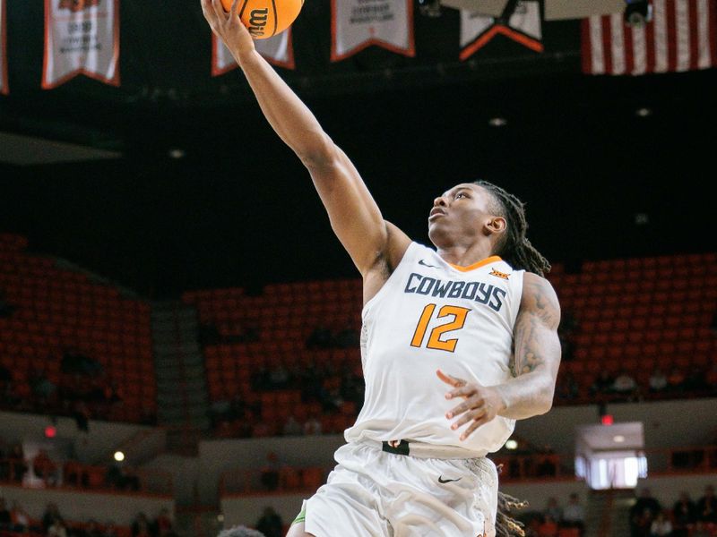 Jan 6, 2024; Stillwater, Oklahoma, USA;  Oklahoma State Cowboys guard Javon Small (12) puts up a shot during the first half against the Baylor Bears at Gallagher-Iba Arena. Mandatory Credit: William Purnell-USA TODAY Sports