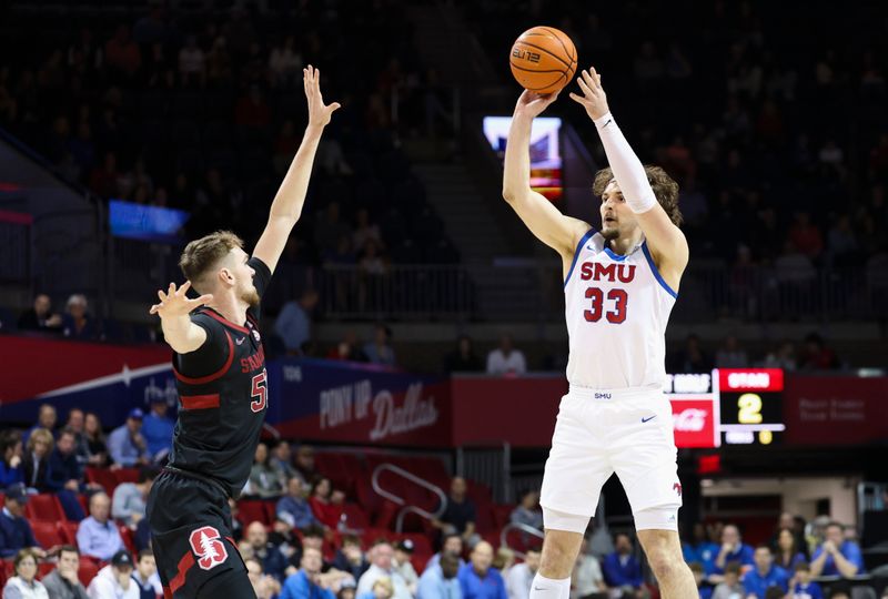 Feb 1, 2025; Dallas, Texas, USA;  Southern Methodist Mustangs forward Matt Cross (33) shoots over Stanford Cardinal forward Aidan Cammann (52) during the first half at Moody Coliseum. Mandatory Credit: Kevin Jairaj-Imagn Images