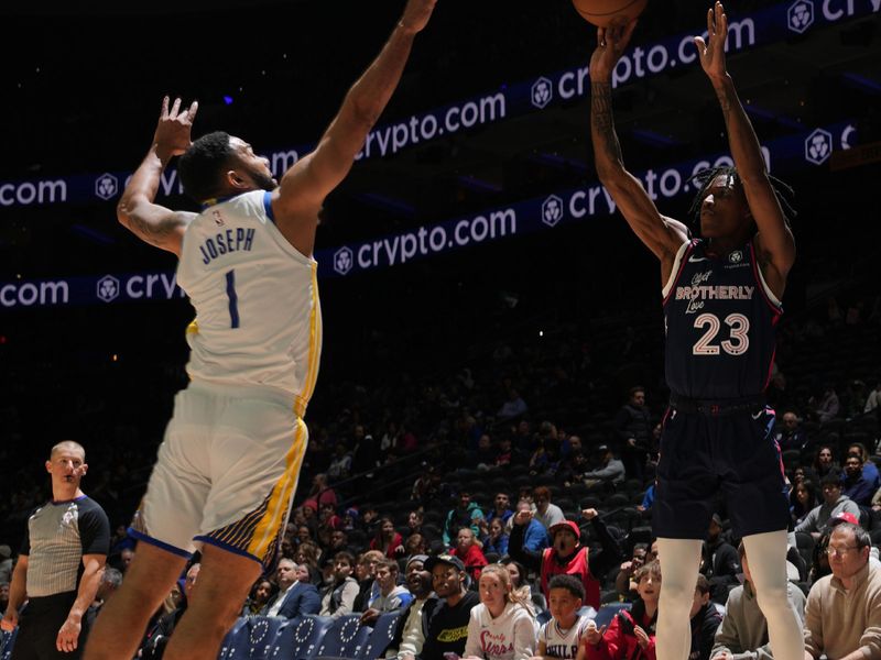 PHILADELPHIA, PA - FEBRUARY 7:  Terquavion Smith #23 of the Philadelphia 76ers shoots a three point basket during the game  on February 7, 2024 at the Wells Fargo Center in Philadelphia, Pennsylvania NOTE TO USER: User expressly acknowledges and agrees that, by downloading and/or using this Photograph, user is consenting to the terms and conditions of the Getty Images License Agreement. Mandatory Copyright Notice: Copyright 2024 NBAE (Photo by Jesse D. Garrabrant/NBAE via Getty Images)