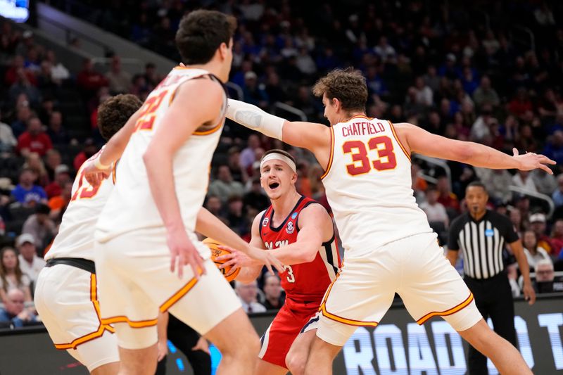 Mar 23, 2025; Milwaukee, WI, USA;  Mississippi Rebels guard Sean Pedulla (3) controls the ball against i33 during the first half in the second round of the NCAA Tournament at Fiserv Forum. Mandatory Credit: Jeff Hanisch-Imagn Images