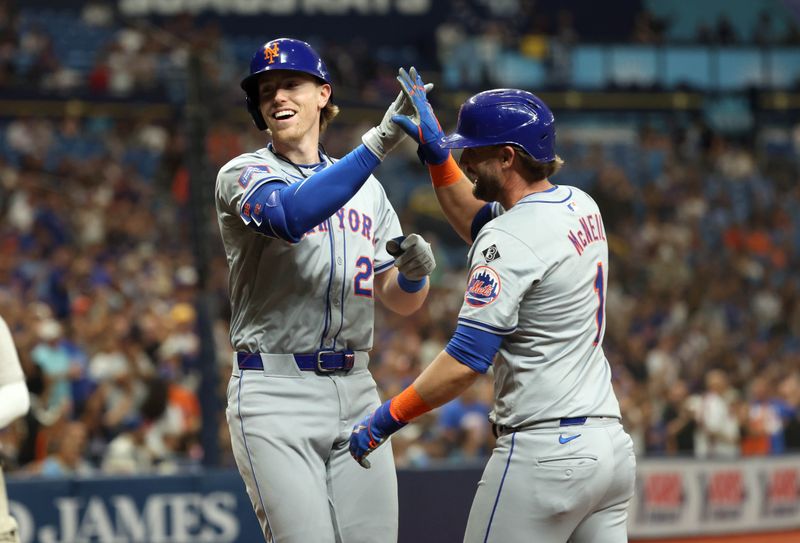 May 3, 2024; St. Petersburg, Florida, USA;  New York Mets third base Brett Baty (22) is congratulated by second base Jeff McNeil (1) after hitting a three-run home run against the Tampa Bay Rays during the second inning at Tropicana Field. Mandatory Credit: Kim Klement Neitzel-USA TODAY Sports