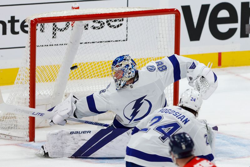 Feb 6, 2023; Sunrise, Florida, USA; Florida Panthers left wing Matthew Tkachuk (not pictured) scores a goal against Tampa Bay Lightning goaltender Andrei Vasilevskiy (88) during the third period at FLA Live Arena. Mandatory Credit: Sam Navarro-USA TODAY Sports