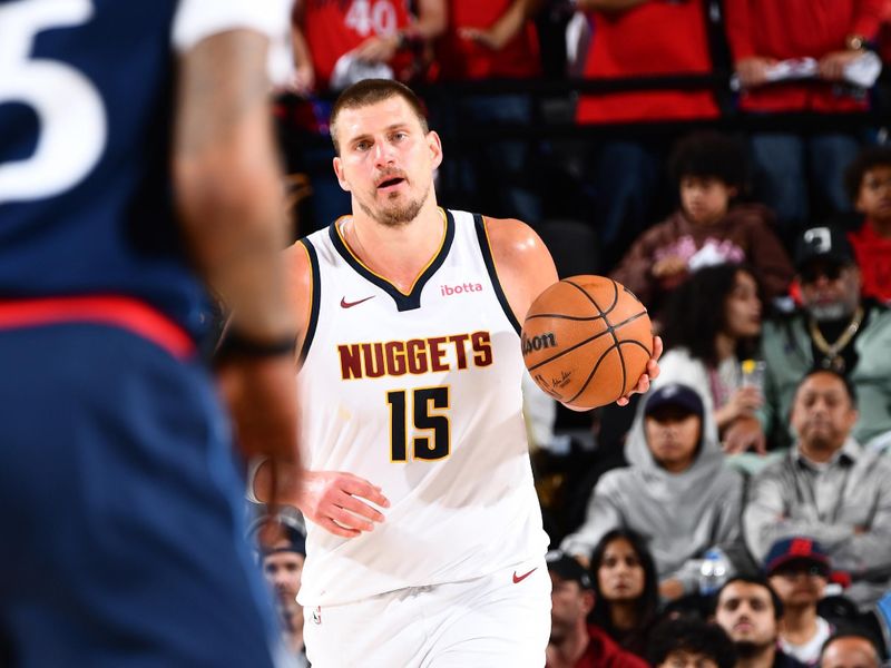 INGLEWOOD, CA - APRIL 26:  Nikola Jokic #15 of the Denver Nuggets dribbles the ball during Round One, Game Four of the 2025 NBA Playoffs against the LA Clippers on April 26, 2025 at Intuit Dome in Los Angeles, California. NOTE TO USER: User expressly acknowledges and agrees that, by downloading and/or using this Photograph, user is consenting to the terms and conditions of the Getty Images License Agreement. Mandatory Copyright Notice: Copyright 2025 NBAE (Photo by Juan Ocampo/NBAE via Getty Images)