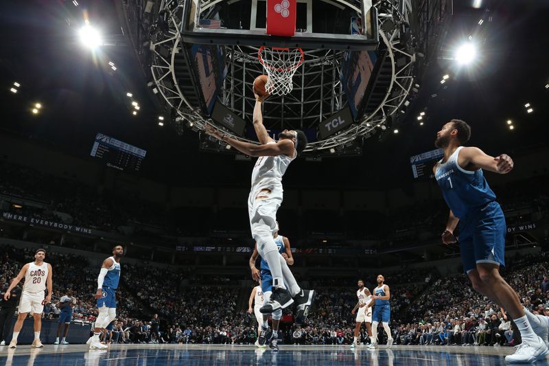 MINNEAPOLIS, MN -  MARCH 22: Jarrett Allen #31 of the Cleveland Cavaliers drives to the basket during the game against the Minnesota Timberwolves on March 22, 2024 at Target Center in Minneapolis, Minnesota. NOTE TO USER: User expressly acknowledges and agrees that, by downloading and or using this Photograph, user is consenting to the terms and conditions of the Getty Images License Agreement. Mandatory Copyright Notice: Copyright 2024 NBAE (Photo by David Sherman/NBAE via Getty Images)