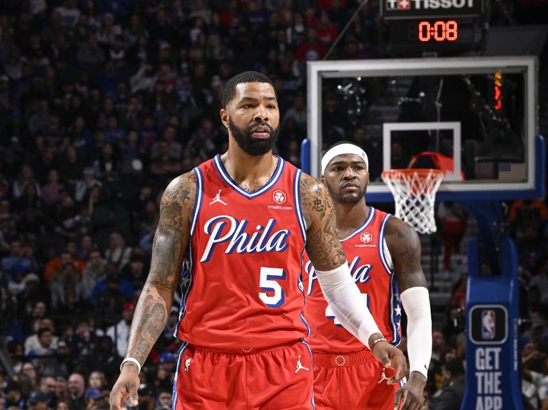 PHILADELPHIA, PA - JANUARY 12:  Marcus Morris Sr. #5 of the Philadelphia 76ers look on during the game on January 12, 2024 at the Wells Fargo Center in Philadelphia, Pennsylvania NOTE TO USER: User expressly acknowledges and agrees that, by downloading and/or using this Photograph, user is consenting to the terms and conditions of the Getty Images License Agreement. Mandatory Copyright Notice: Copyright 2024 NBAE (Photo by David Dow/NBAE via Getty Images)