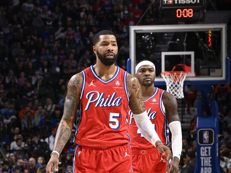 PHILADELPHIA, PA - JANUARY 12:  Marcus Morris Sr. #5 of the Philadelphia 76ers look on during the game on January 12, 2024 at the Wells Fargo Center in Philadelphia, Pennsylvania NOTE TO USER: User expressly acknowledges and agrees that, by downloading and/or using this Photograph, user is consenting to the terms and conditions of the Getty Images License Agreement. Mandatory Copyright Notice: Copyright 2024 NBAE (Photo by David Dow/NBAE via Getty Images)