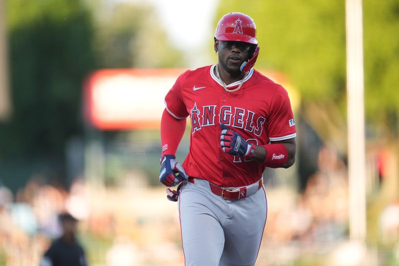 May 21, 2025; West Sacramento, California, USA; Los Angeles Angels designated hitter Jorge Soler (12) jogs toward third base before scoring a run against the Athletics in the second inning at Sutter Health Park. Mandatory Credit: Cary Edmondson-Imagn Images