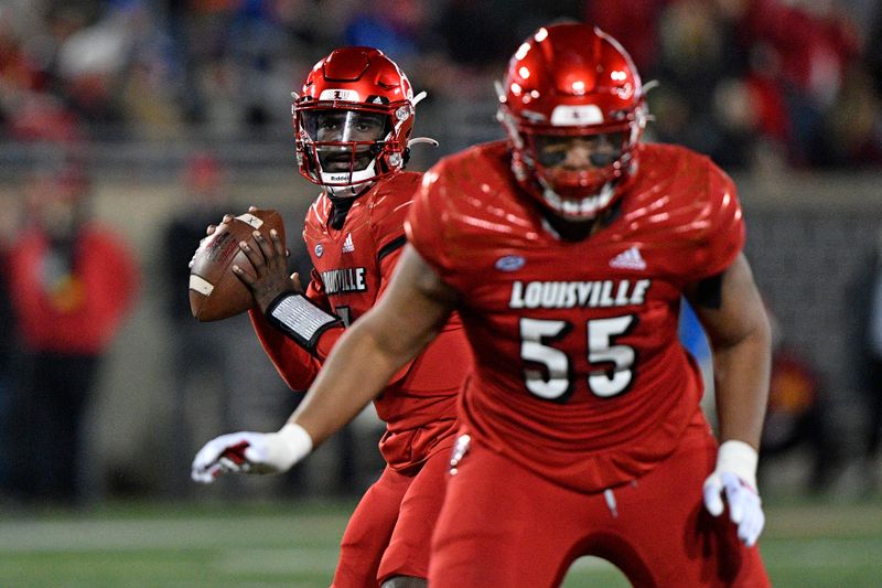 Nov 27, 2021; Louisville, Kentucky, USA;  Louisville Cardinals quarterback Malik Cunningham (3) looks to pass against the Kentucky Wildcats during the second quarter at Cardinal Stadium. Mandatory Credit: Jamie Rhodes-USA TODAY Sports