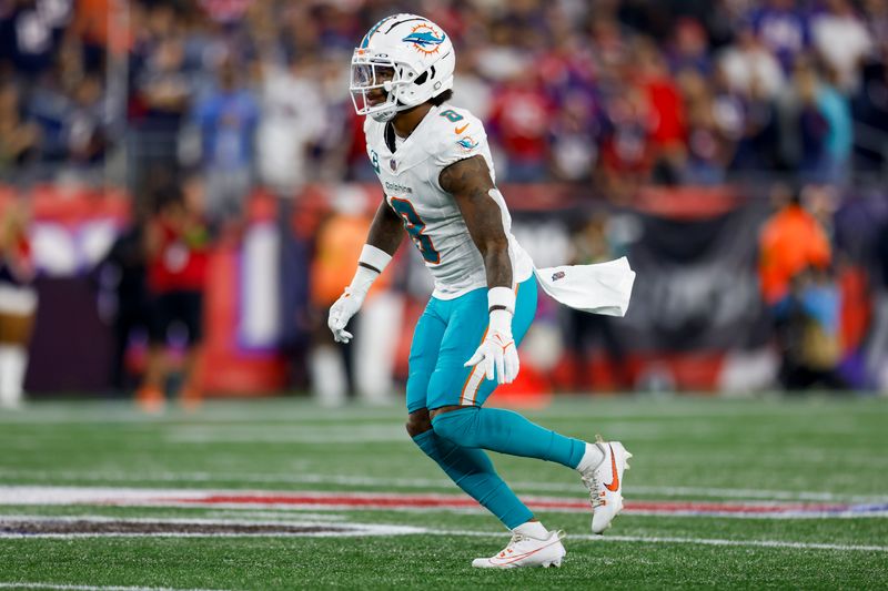 Miami Dolphins safety Jevon Holland (8) on the field during the first half of an NFL football game against the New England Patriots on Sunday, Sept. 17, 2023, in Foxborough, Mass. (AP Photo/Greg M. Cooper)