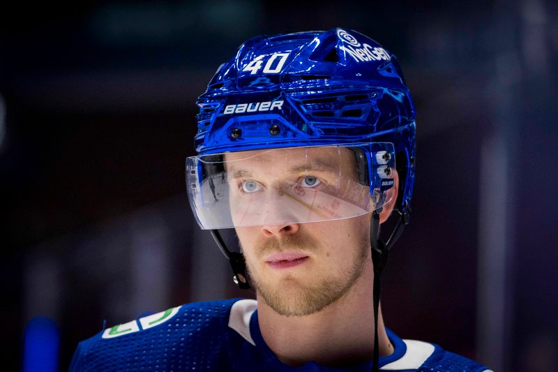 Jan 24, 2024; Vancouver, British Columbia, CAN; Vancouver Canucks forward Elias Pettersson (40) during a stop in warm up prior to a game against the St. Louis Blues at Rogers Arena. Mandatory Credit: Bob Frid-USA TODAY Sports